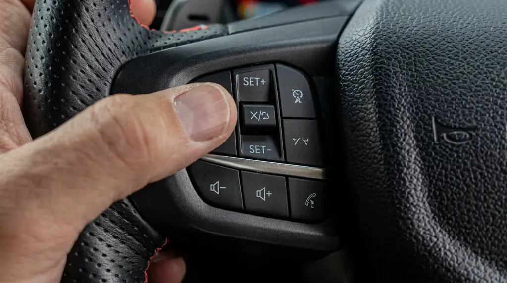 Driver pressing factory steering-wheel buttons, used to enter an IGLA PIN on supported vehicles